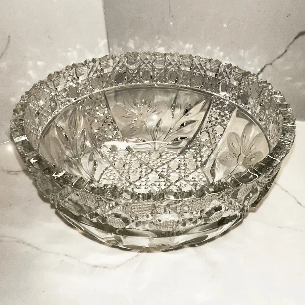 Antique American Brilliant Period Cut Glass Bowl Lead Crystal Floral Leaves 8”